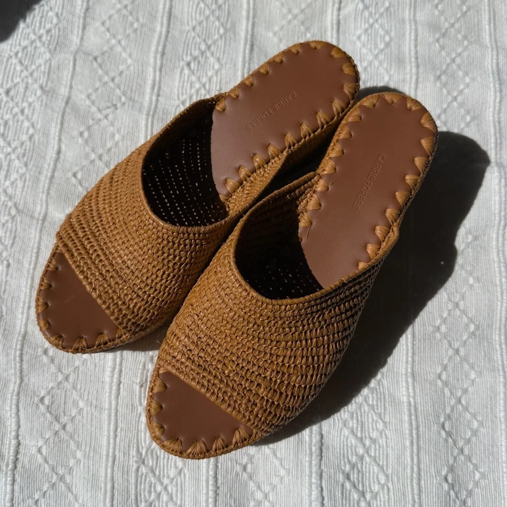 Anthropologie Tan Woven Platform Wedge Slides